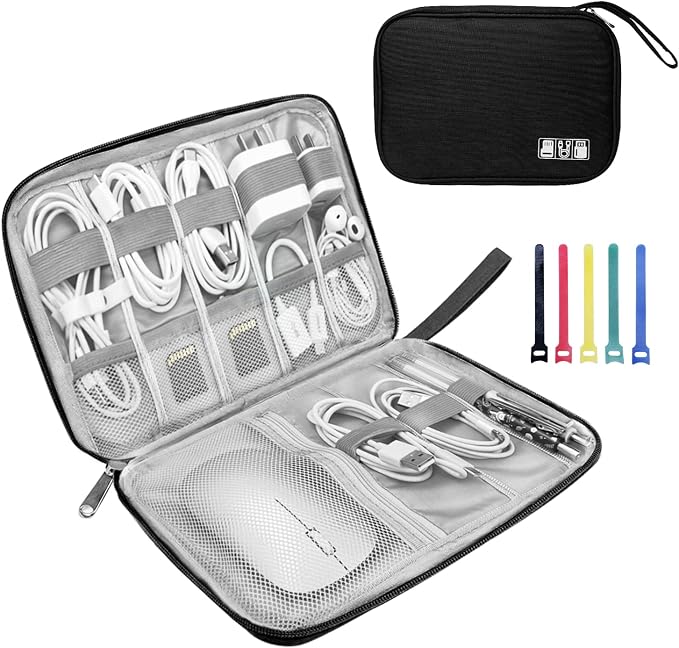 Lcsmaokin Electronics Organizer Travel Case,Electronic Accessories Storage Bag,Portable Waterproof Cable Organizer Bag,with 5 Cable Ties，for Travel,Work-Black by Lcsmaokin