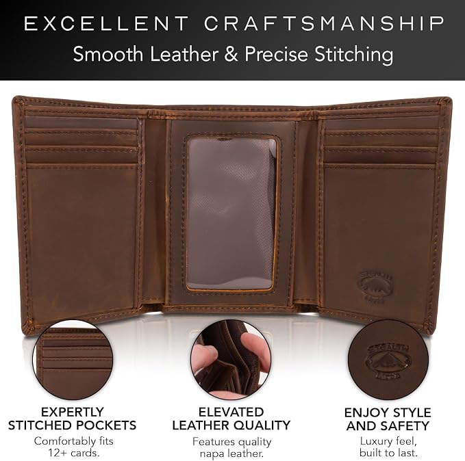Stealth Mode Trifold Leather Wallet for Men with RFID Blocking (Brown) | Top Grain Napa Leather, 9 Card Slots, ID Window, Gift Box – Gift for Dad, Husband, or Son - Image 3