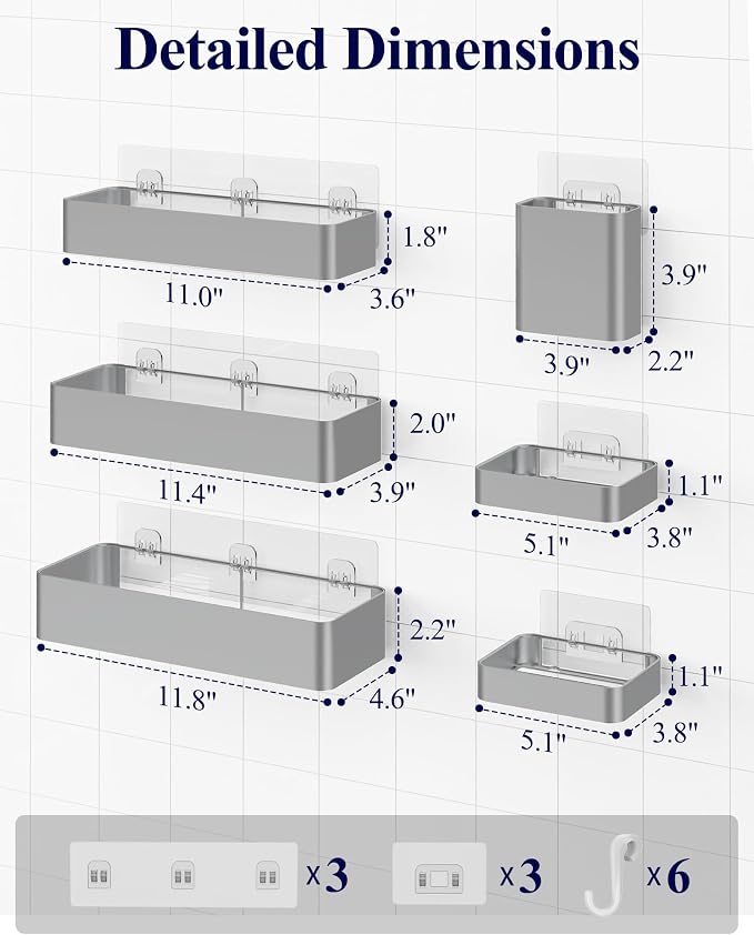 Kitsure Large Shower Caddy - Adhesive 6-Pack Bathroom Shelves, Silver | No-Drilling Rustproof Shelves with Soap Holder, Toothbrush Holder, 6 Hooks, Stylish Bathroom Organizers and Storage Solution - Image 2