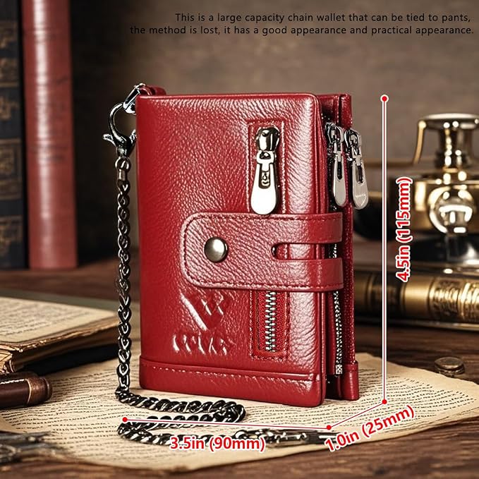 Anti-Theft Mens Wallet with Chain Genuine Leather ID Window Purse with RFID Blocking Bifold Double Zipper Coin Pocket with Gift Box - Image 6