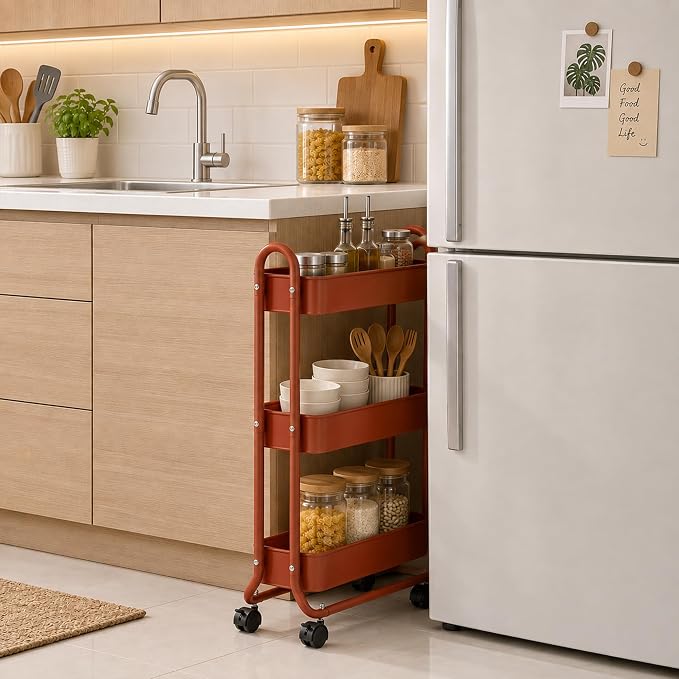 SunnyPoint Slim Rolling Storage Cart, 3 Tier Bathroom Storage Organizer Bathroom, Laundry Utility Cart (RED) - Image 3