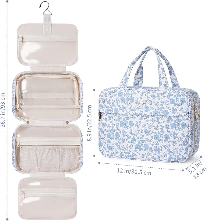 Narwey Floral Hanging Travel Toiletry Bag, Makeup Bag Organizer Make up Toiletries Bags for Full Size Essentials, Accessories, Brushes, Cosmetics (Blue Flower, Large) - Image 7