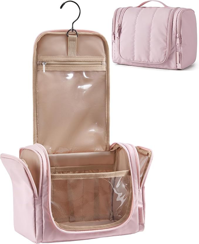 BAGSMART Travel Toiletry Bag for Women, Puffy Hanging Toiletry Bag with Hook, Water-resistant Toiletry Organizer for Full Sized Toiletries (Baby Pink) by BAGSMART