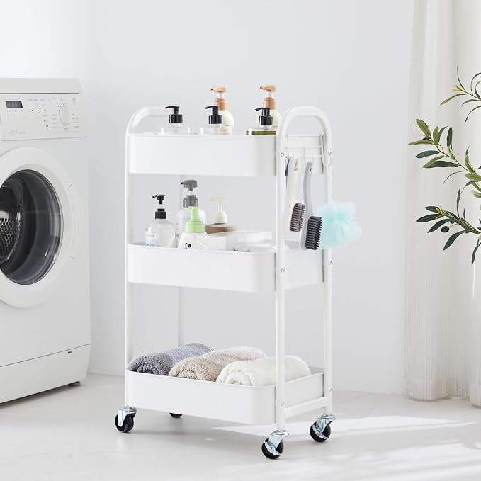 3-Tier Rolling Utility Cart with Caster Wheels,Easy Assembly, White | Easy Assembly, multi-purpose storage trolley for kitchen, rolling cart with smooth caster wheels for bathroom - Image 2