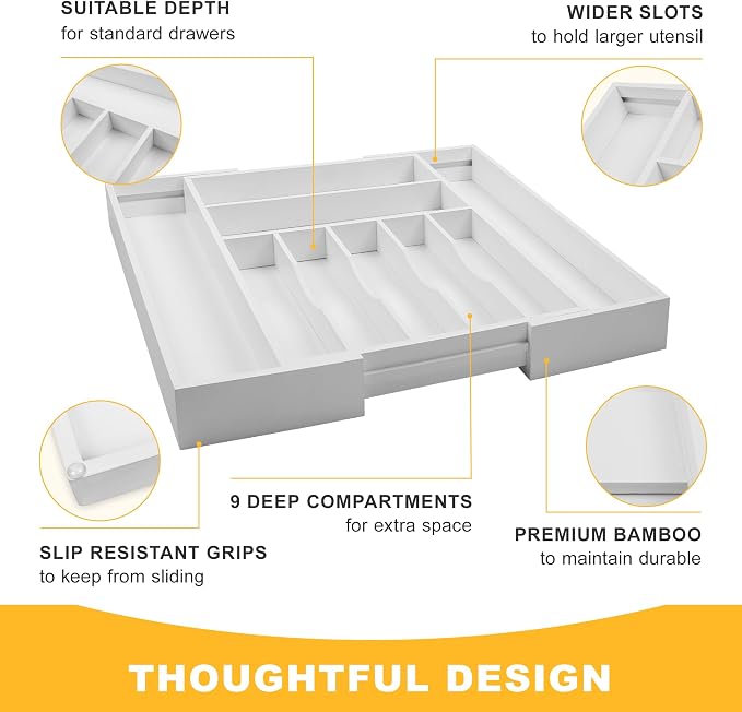 Large Premium Bamboo Silverware Organizer - Expandable Drawer Organizer & Utensil Organizer - 17"x19.7" Cutlery Tray with Dividers for Kitchen Utensils and Flatware (7-9 Slots) (White) - Image 6