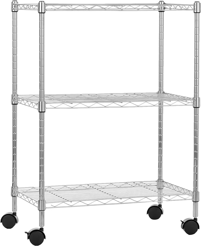 Amazon Basics 3-Shelf Heavy Duty Adjustable Wire Shelving Storage Rack on 2" PP Plastic Wheel Casters, Steel Utility Shelving Unit for Garage and Laundry Room, 23.2" x 13.4" x 32.75", Chrome by AmazonBasics