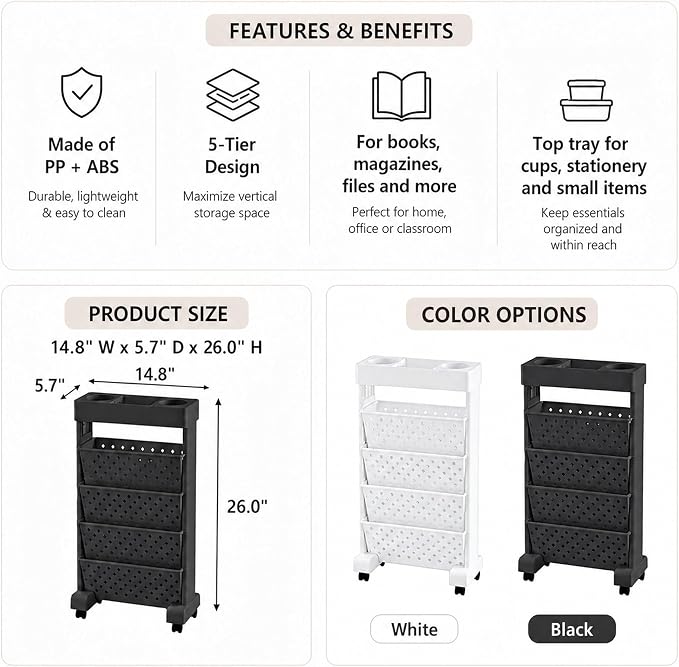 BYFU 5-Tier Movable Bookshelf Cart, 26.0" H, Black | Rolling Wheels, File Paper Storage Organizer, Mobile Bookcase, For Home Office Study Classroom - Image 3