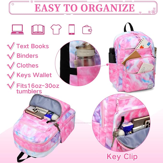 VASCHY School Backpack for Teen Girls, Bookbag Schoolbag Casual Daypack for High School/College/Women/Travel/Work Pink Galaxy - Image 5