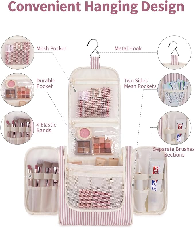 Narwey Striped Hanging Travel Toiletry Bag for Women, Travel Bag for Toiletries, Makeup Bag Organizer Cosmetic Bags Make Up Bags for Women (Dusty Rose Stripe) - Image 2