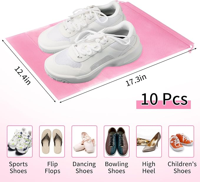 Pink Travel Shoe Bags - 10 Pcs Non-Woven Packing Bags with Clear Window | 15.7" x 11.8" Waterproof Dustproof Portable Travel Shoe Storage Bag for Men and Women - Image 2