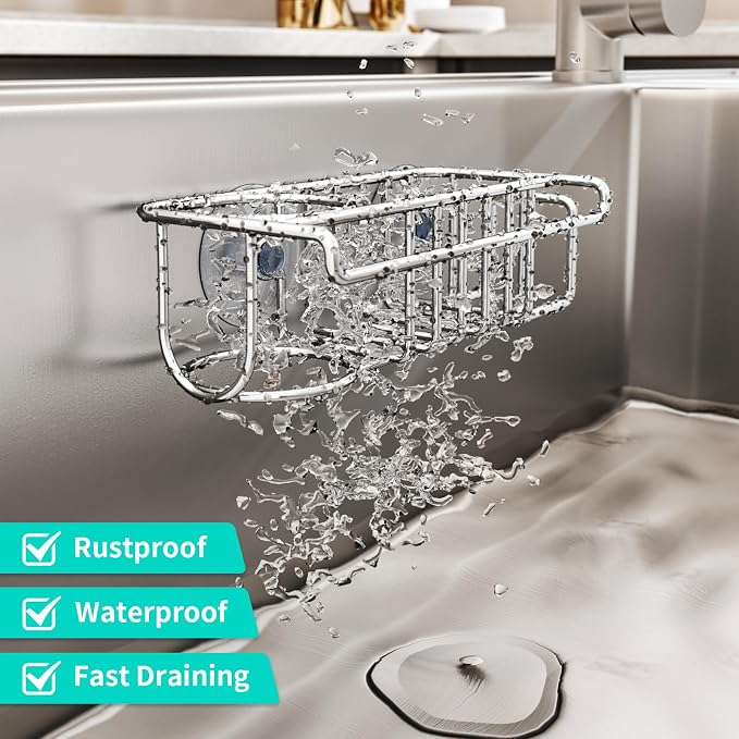 HapiRm 4 in 1 Sink Caddy Sponge Holder, SUS304 Stainless Steel Kitchen Brush Holder and Dish Cloth Hanger, Kitchen Organizers and Storage Essentials - Silver - Image 4