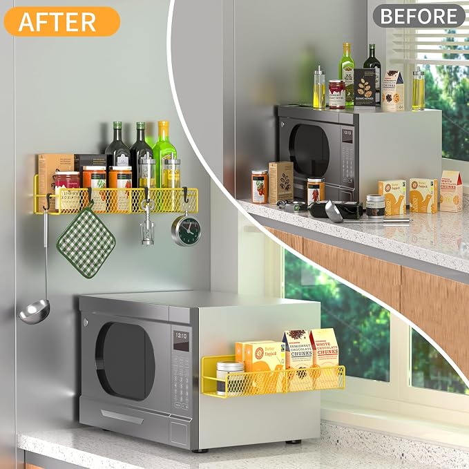 Magnetic Spice Rack for Refrigerator, 2 Pack 100% Metal Strong Magnet Shelf, Space Saving Spice Organizer W/ Hooks, Movable Magnetic Fridge Shelf, Kitchen Home Laundry Room Storage Organization,Yellow - Image 5