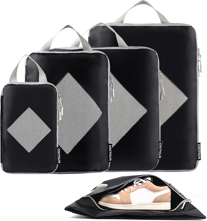 CaCTOUR Compression Packing Cubes for Travel,Expandable Packing Cubes for Suitcases, 5 Set Lightweight Compression Travel Cubes, Luggage Packing Organizers Bags Set, Travel Accessories (Black) by CaCTOUR
