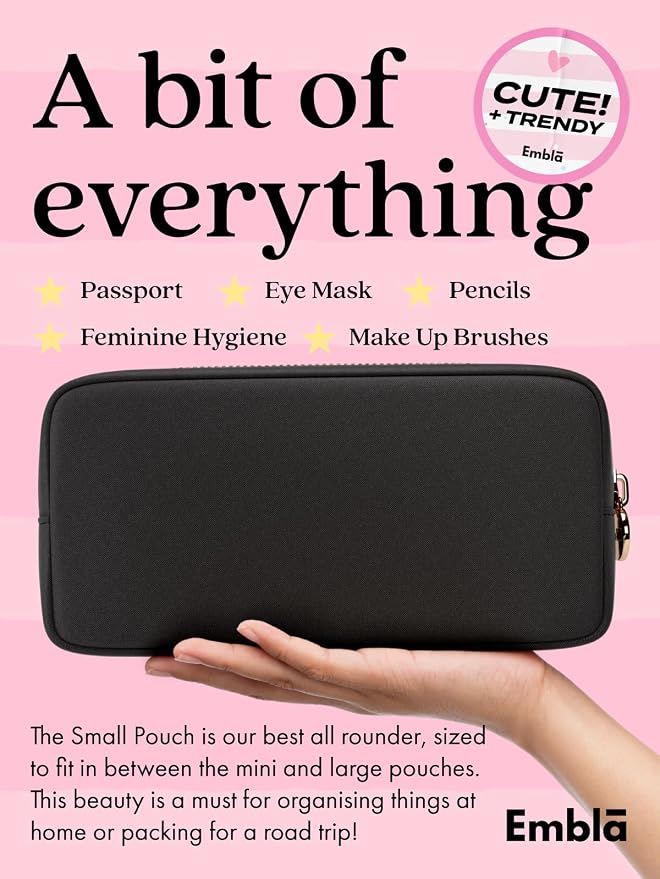 Embla Makeup Bag Travel Cosmetics Pouch and Toiletry Bag, Nylon Zipper Pouch Purse, Cute Make Up Organizer Storage Tote for Women Girls, Waterproof Travel Skincare Case, Small Makeup Bags, Black - Image 3