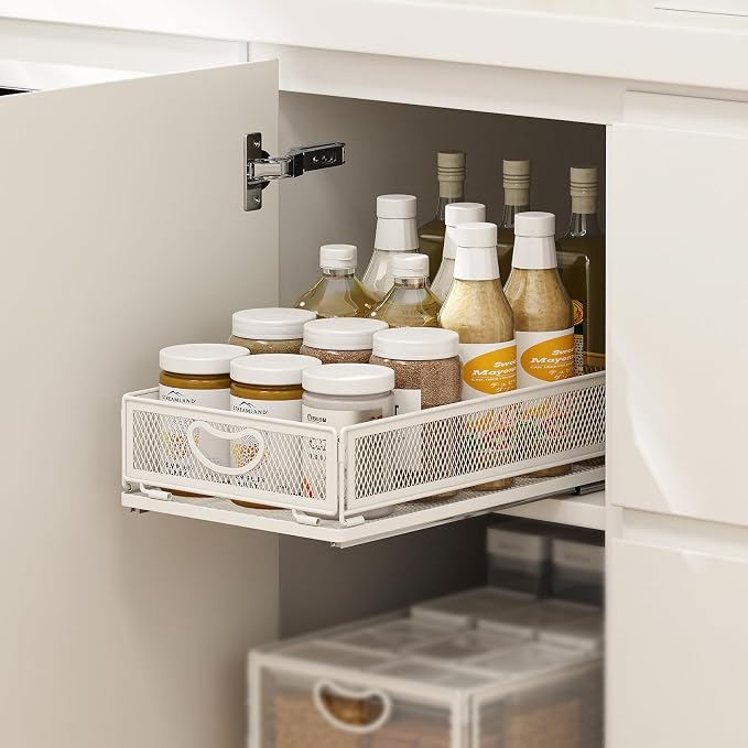 Pull Out Cabinet Organizer, No Drill Adhesive Sliding Drawers for Kitchen, Metal Mesh Wire Storage Shelf for Pantry & Under Sink, White (9.6" W x 15.7" D x 3.9" H) by AmzAgeHomeKitchen