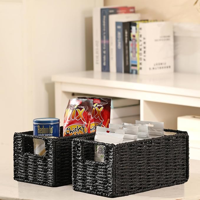 Wicker Storage Basket, Set of 2 Black Wicker Baskets for Bathroom | Hand-Woven Wicker Small Storage Baskets for Organizing Toilet Paper, Foldable Large Cube Storage Organizer Bin for Shelves - Image 3