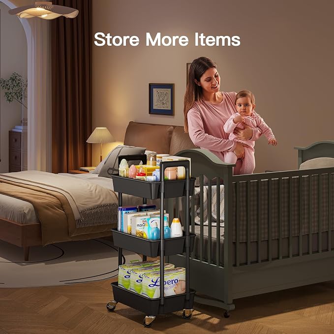 Pipishell 3 Tier Rolling Cart Organizer, Plastic Rolling Cart with Lockable Wheels & Reinforced Handle, Lightweight Utility Storage Cart for Nursery, Kitchen, Craft Room, Black - Image 3