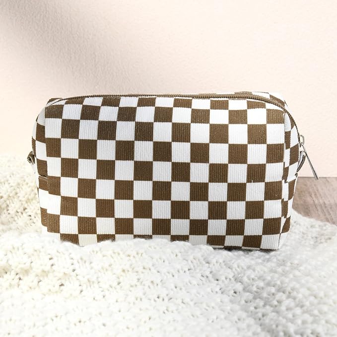 SOIDRAM 2 Pcs Checkered Makeup Bag Large Cosmetic Bag Toiletry Bag Makeup Pouch Travel Bag Organizer Cute Makeup Brushes Aesthetic Accessories Storage Bag for Women Coffee Brown - Image 6