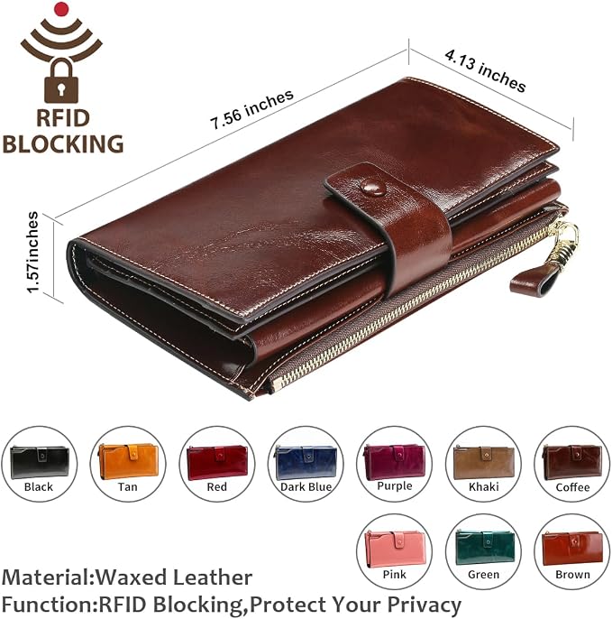 Itslife Womens Wallet RFID Blocking Large Capacity Luxury Wax Genuine Leather Wallets Clutch Wallet Ladies Card holder, Coffee - Image 5