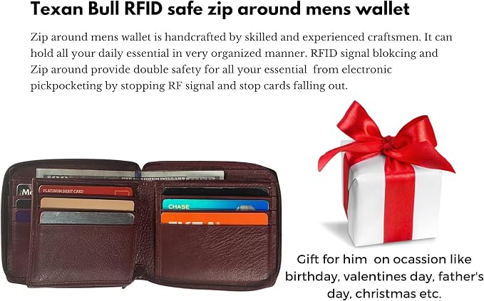 RFID Blocking Bifold Cowhide Leather Wallets For Men With Zipper Security | Safe Metal Zip Chain 9 Card-ID Slim Minimalist Mens Wallet (Burgundy) - Image 5