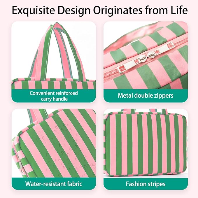 Toiletry Bag for Women Travel Water-resistant Cosmetic Bag Fashion Stripes Makeup Bag with Hanging Hook Preppy for Store Toiletries Cosmetic Accessories Medium Green - Image 2