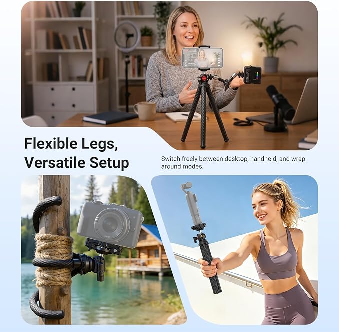 NEEWER Flexible Phone Tripod, Small Mini Camera Webcam Desk Stand, Phone Holder & Action Camera Mount Adapter Compatible with iPhone GoPro DJI Pocket 4 3 Xtra Muse Insta360 for Video Recording, TP34 - Image 5