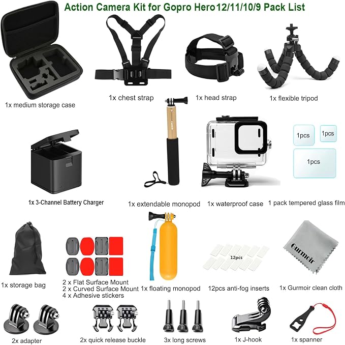 Accessories Kit with 2Battery and Charger for Go Pro 12 11 10 9 Camera, Top 10 Essential Accessories Bundle Compatible with GoPro Hero 12 Hero 11 Hero 10 Hero 9 Black - Image 7