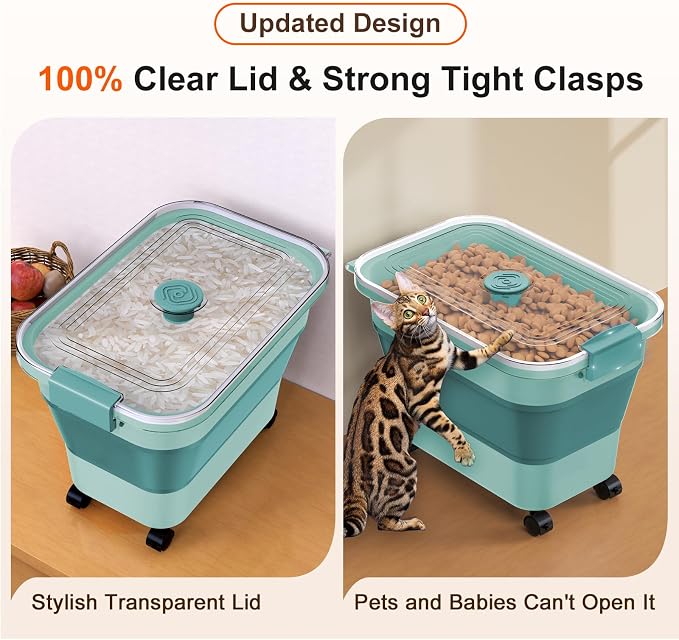 Rice Storage Container, Collapsible Airtight Food Storage Containers 20-30lbs with Clear Lid and Wheels, Rice Dispenser with Scoop for Flour Cereal Pasta Grain, Cat Pet Bird Dog Food Storage Container - Image 4
