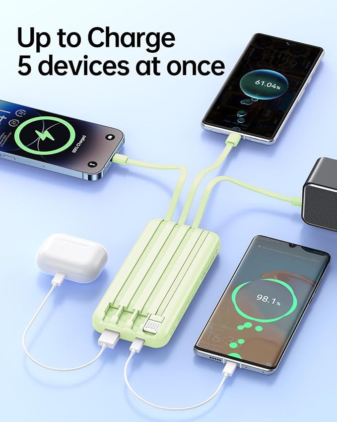 Portable Charger with Built in Cable 20000mAh Fast Charging | Power Bank USB C Slim 22.5W LED Display Battery Pack 5 Outputs & 3 Inputs for Travel Essentials iPhone Samsung Phones Green - Image 5