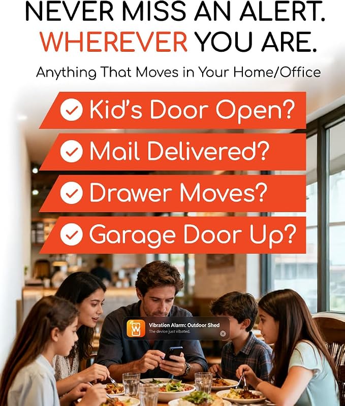 WiggleWorm Alert™ Mini Motion Vibration Sensor Alarm (2-Pack) – Stick Anywhere Smart Home Detector for Jewelry Box, Kids Door, Safe & Mailbox | Phone App Instant Alerts, Audible & Silent Modes - Image 6