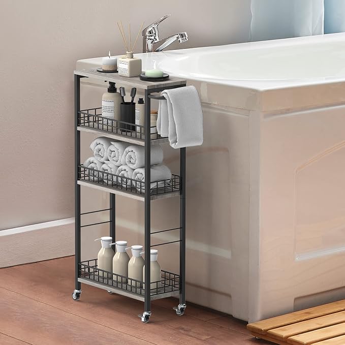 NOVIMANGO Slim Storage Cart Narrow Kitchen Cart 4 Tier, Grey | Slim Rolling Cart for Kitchen, Slim Bathroom Storage Cart with Wheels, with Wood Tabletop, for Narrow Spaces - Image 6