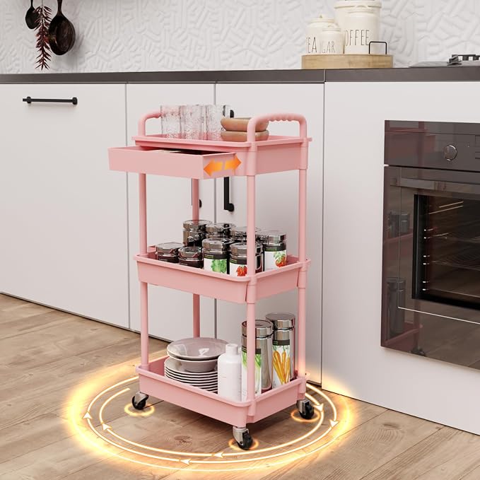 REBECAT 3 Tier Rolling Utility Cart with Drawer,Storage Cart,Rolling Cart for Kitchen,Bathroom,Living Room,Storage Organizer with Iron Wheels（Pink - Image 3