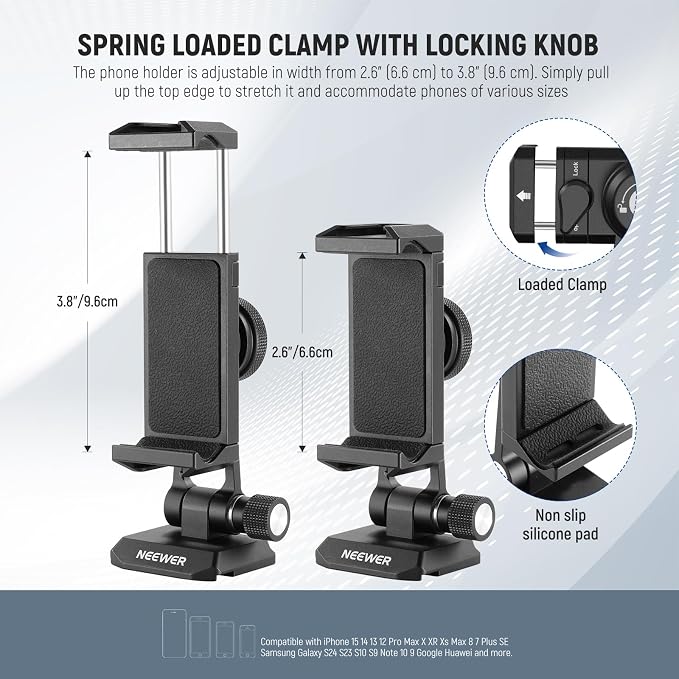 NEEWER Phone Tripod Mount Adapter with Arca Type QR Base, Cold Shoe, SP-18 | 1/4" 3/8" Holes, 360° Swivel, 180° Tilt, Phone Holder Compatible with iPhone Samsung Arca Swiss DJI RS 4 Pro 3 2 Stabilizer - Image 3