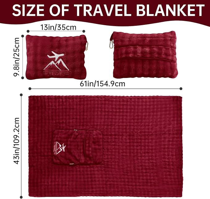 Travel Blanket and Pillow-2-in-1, Ultra-Soft&Compact, One-Piece Airplane Blanket with Hand Luggage Belt and Backpack Clip,Travelers Accessories Gifts, 61x43 Inches（Burgundy） - Image 3