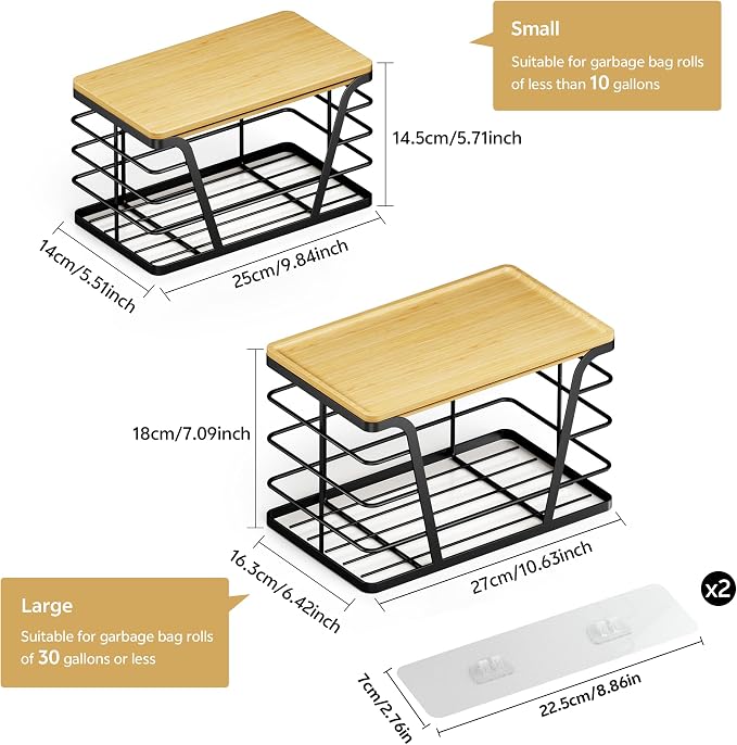 TIDIIABODE 2 Pack Stackable Storage Laundry Kitchen Organizers, Wall Mount Trash Bag Holder with Bamboo Top and Garbage Bag Dispenser No Drill - Image 2