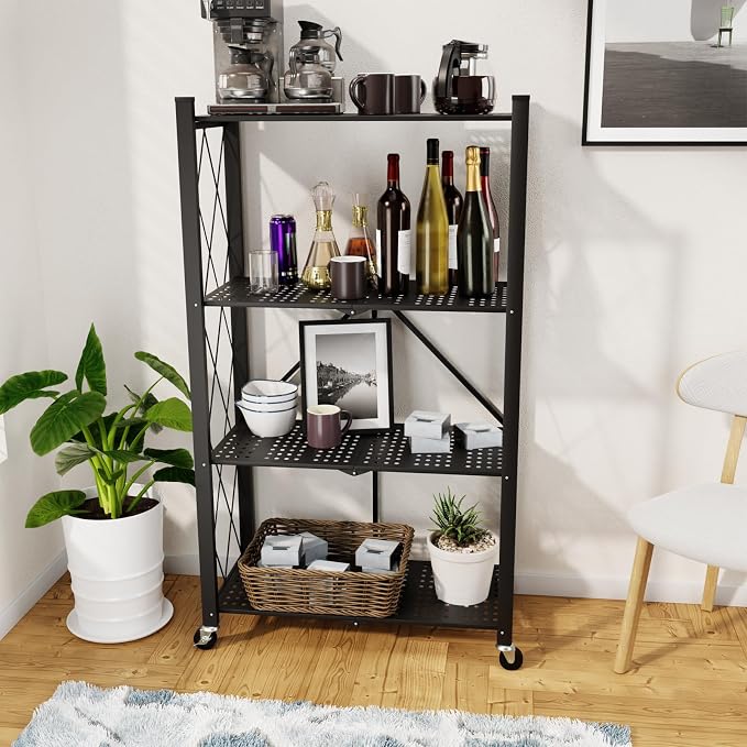 4 Tier Foldable Storage Shelf with Wheels, Metal Steel Collapsible Shelves | Heavy Duty Folding Shelf Loads 600 LBS, Rolling Standing Utility Rack for Kitchen, Pantry, Office, Black - Image 2