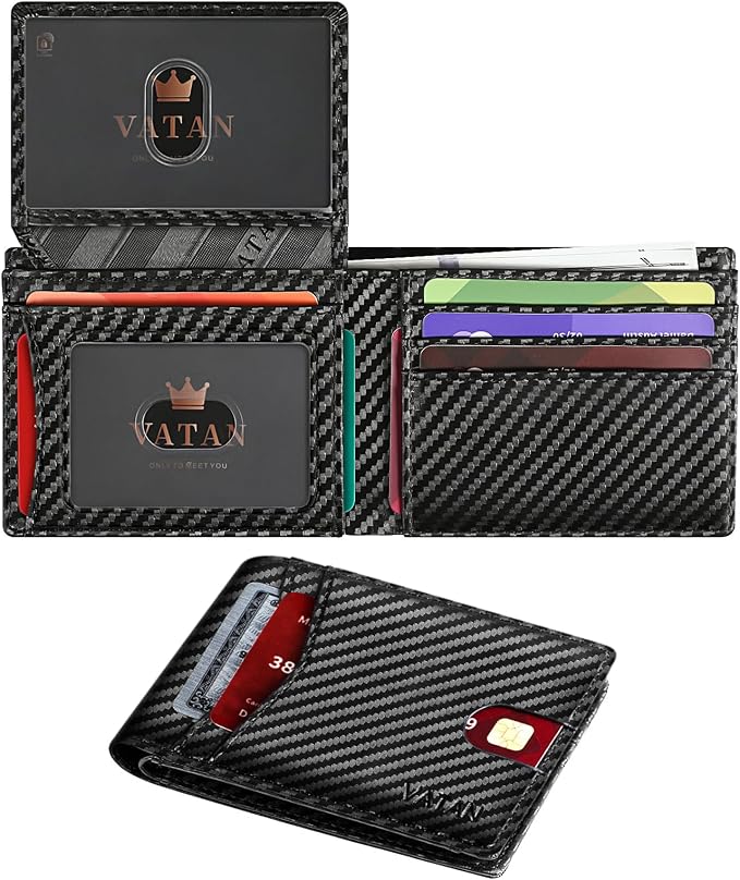 VATAN Wallet for Men Slim RFID Blocking Leather Credit Card Holder Wallet for 15 Cards, Bifold Minimalist Thin Wallet with 2 ID Windows & Cash Slot, With Gift Box (Carbon Fiber Black) by VATAN