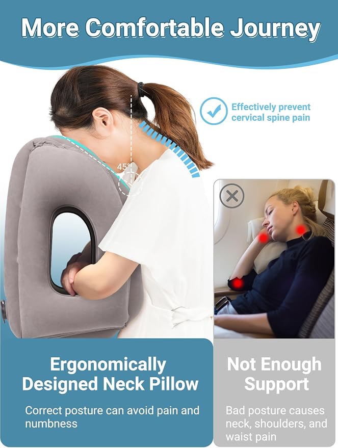 Maliton Inflatable Travel Pillow for Airplane Comfortable Sleeping, (Grey) | Relieve Neck & Shoulder Pain, Support Head Inflatable Pillow for Long Flights,Used for Airplanes, Cars, Trains, Office - Image 3