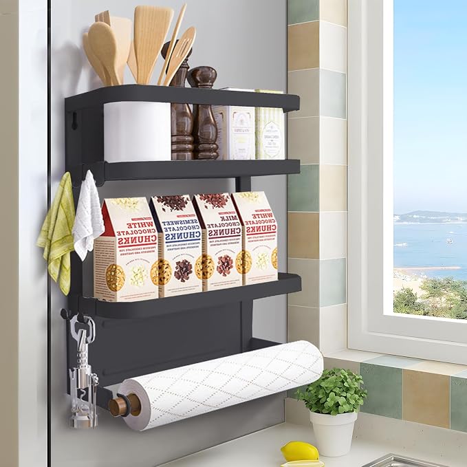 Magnetic Spice Rack for Refrigerator Magnetic Paper Towel Holder for Fridge Magnetic Shelf Magnetic Shelves Fridge Magnet Organizer Spice Rack Kitchen Organization Kitchen Storage Black by DrBeTree