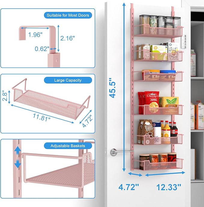 VyGrow 12.3" W Narrow Over the Door Pantry Organizer, 6-Tier Over the Door Organizer with Adjustable Basket, Pantry Door Organization for Pantry Kitchen Storage Room Spice Rack, Pink - Image 3