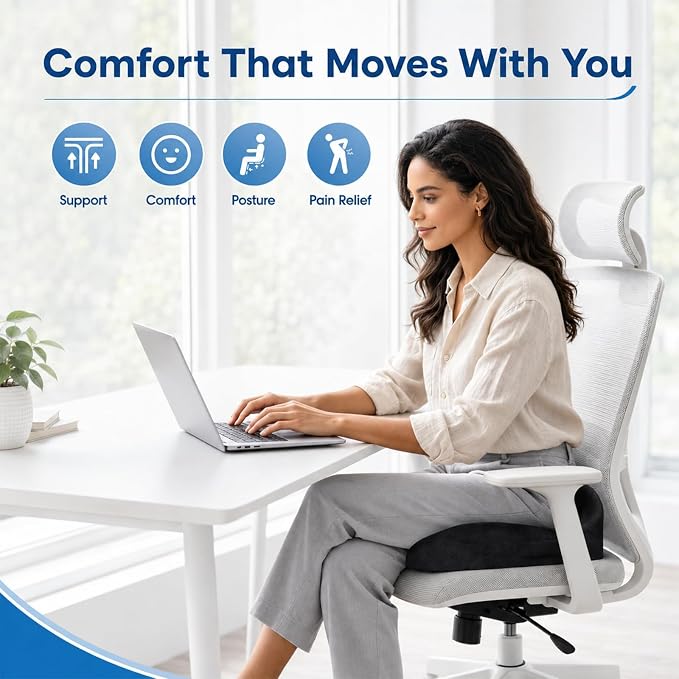 Memory Foam Seat Cushion for Office Chair & Car Seat, Black | for Office Chair, Car Seat, Relieving Pressure Tailbone Sciatica Back Pain for Long Sitting Office Workers, Car Drivers - Image 4