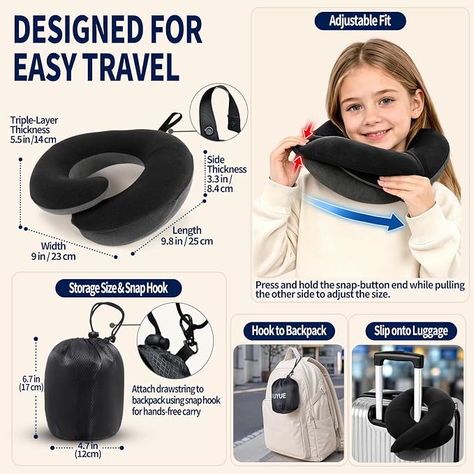 Kids Travel Pillows for Airplane, Memory Foam 360° Head Support Sleeping Essentials for Long Flight, Skin-Friendly Soft Neck Pillow for Traveling in Car Seat, (Small, Black Grey, 40-90 lbs) - Image 5
