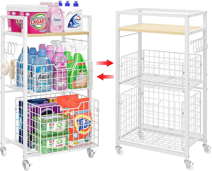 Hongtamoya 3 Tier Laundry Room Cart with Pull-Out Baskets, Storage Cart with Wheels, Rolling Cart with Wood Top Metal Bathroom Laundry Room Organization Mobile Shelf Unit Organizer Trolley, White - Image 9