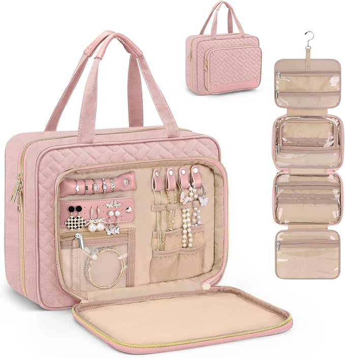 Toiletry Bag for Women, Hanging Travel Toiletry Bag with Jewelry Organizer Compartment Large Makeup Bag, PVC Waterproof Cosmetic Travel Bag for Travel Business Trips Camping Bathroom, Pink by Wedama