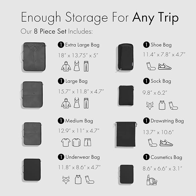 (Not Made In China) Packing Cubes For Travel, Luggage and Suitcase Organizer Bags, Carry On and Backpack Space Savers, Lightweight Waterproof Nylon, 8pc Set, Black - Image 2