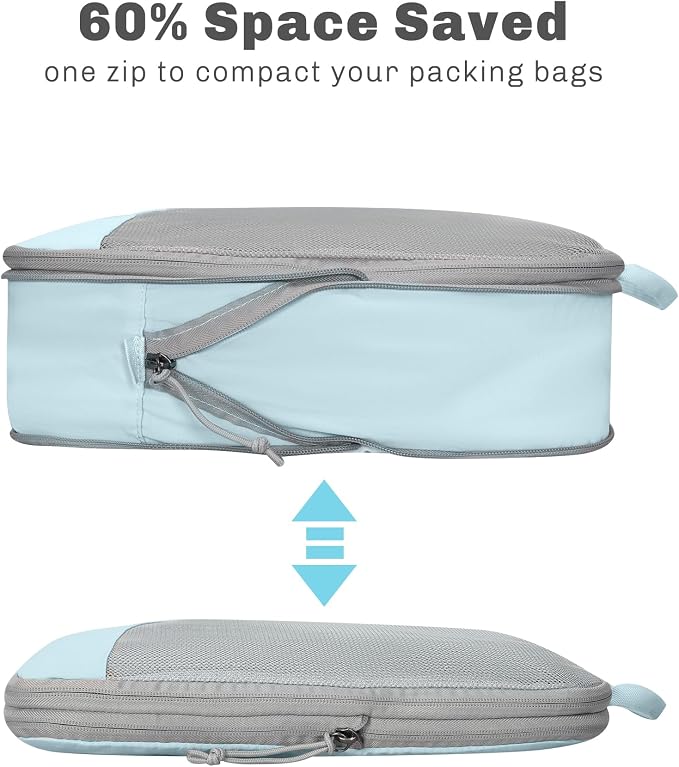 6 Set/ 4 Set/ 2 Set Compression Packing Cubes Travel Essentials Lightweight Nylon Luggage Suitcase Organizer Bag Light Blue 2PCS - Image 5