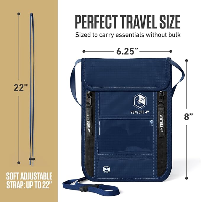 VENTURE 4TH Travel Neck Wallet, RFID Blocking Passport Holder - Navy Blue - Image 3