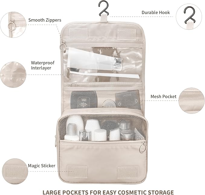 Lcsmaokin Large Capacity Toiletry Bag Travel Bag with Hanging Hook for Men and Women Waterproof Travel Cosmetic Bag Bathroom Storage Bag for Brushes Set, Full-Sized Shampoo,Accessories(White Cactus) - Image 2