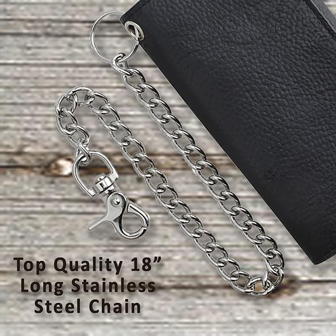 F&L CLASSIC RFID Blocking Mens Tri-fold Long Style Cowhide Leather Steel Chain Wallet,Black - Image 5