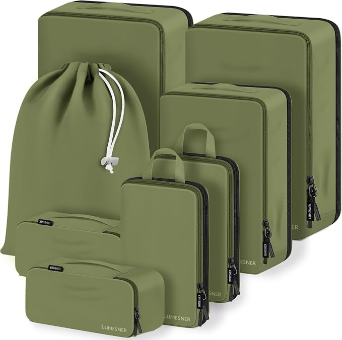 Compression Packing Cubes, Lumesner 8 Set Travel Packing Cubes for Carry on Suitcases, Compression Suitcase Organizers Bag Set & Travel Cubes (Army green, 8-piece) by Lumesner